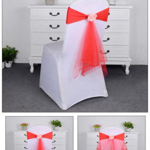 Various colour Spandex chair sash or tie backs with of different designs and material. Stretch fit all chairs wedding